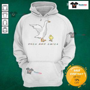 Funny Duck and Chick Hoodie featuring a playful design of a duck and chick in vibrant colors, perfect for casual wear.