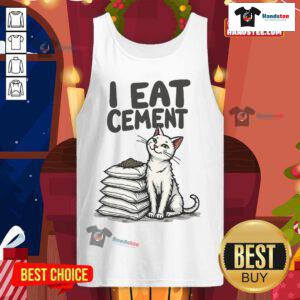 Funny cat in a tank top with a meme saying 'I eat cement' adds humor to pet apparel. Perfect for cat lovers!
