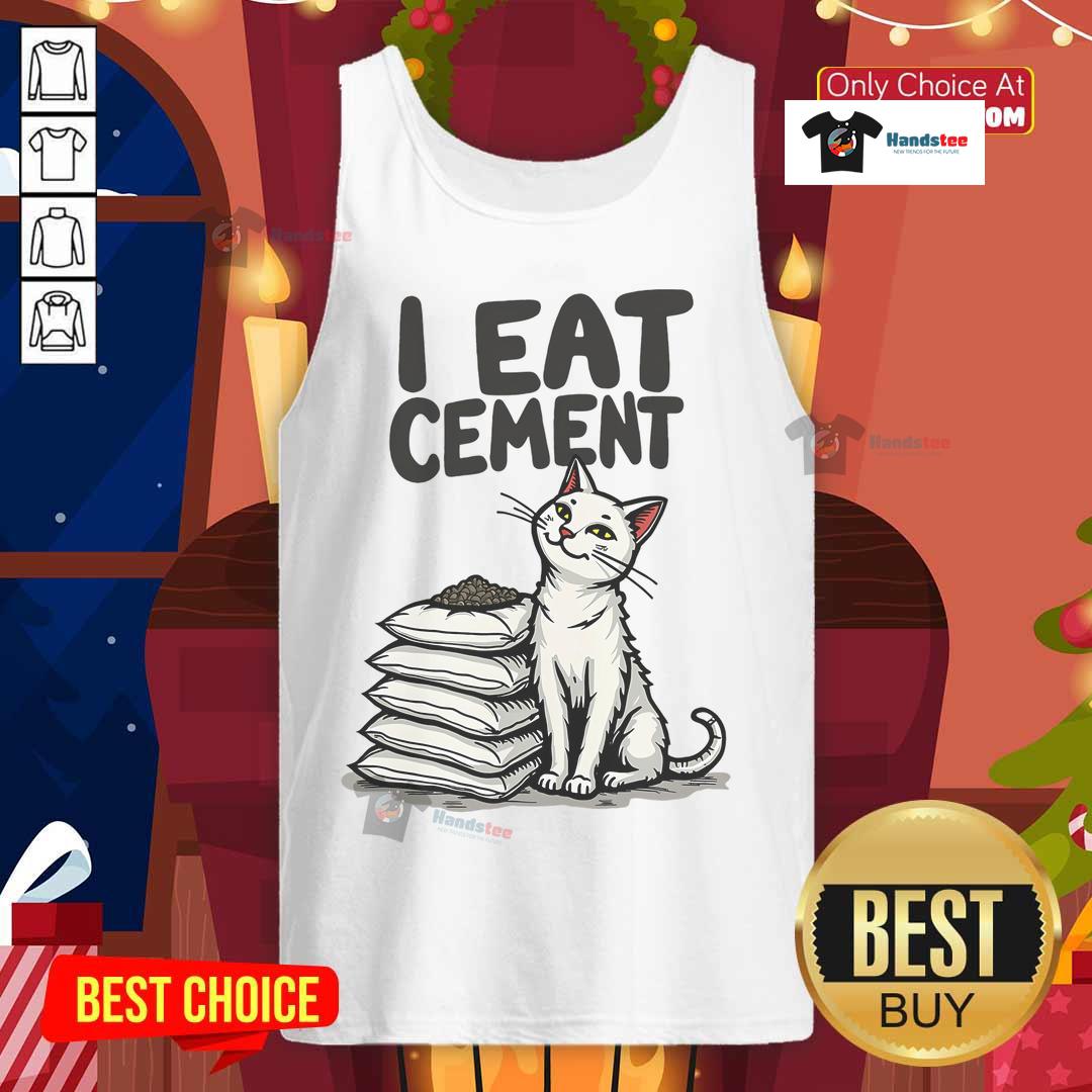 Funny cat in a tank top with a meme saying 'I eat cement' adds humor to pet apparel. Perfect for cat lovers!