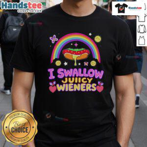 Funny I Swallow Juicy Wiener T-Shirt featuring playful text and vibrant colors, perfect for humor-loving wearers.