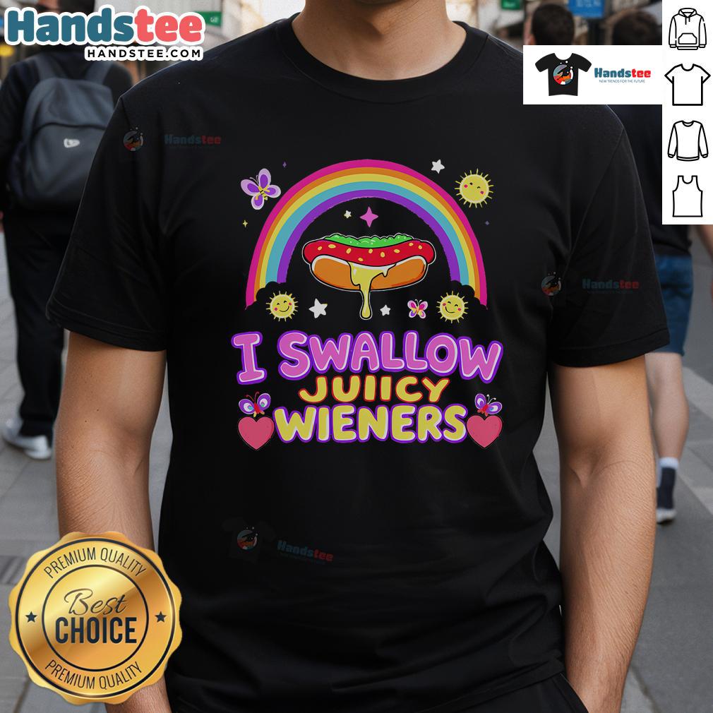 Funny I Swallow Juicy Wiener T-Shirt featuring playful text and vibrant colors, perfect for humor-loving wearers.