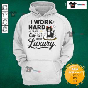 Funny hoodie with 'I Work Hard So My Cat Can Live in Luxury' slogan, perfect for cat lovers and humor enthusiasts.