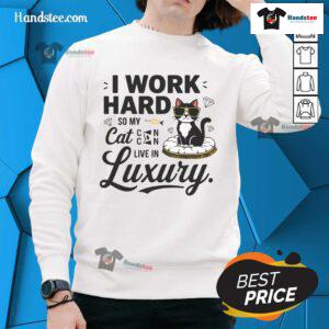 Alt Text: Funny 'I Work Hard So My Cat Can Live in Luxury' sweatshirt featuring a playful cat graphic, perfect for cat lovers.