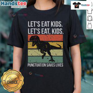Funny 'Let's Eat Kids' T-Rex tee highlighting the importance of punctuation in grammar, perfect for grammar lovers.