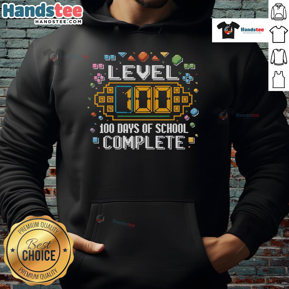 Funny Level 100 Days of School Complete Hoodie featuring vibrant graphics, perfect for celebrating school milestones.