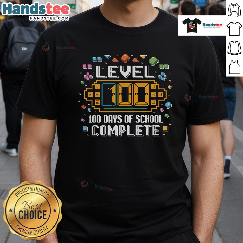 Funny Level 100 Days Of School Complete T-Shirt featuring colorful graphics celebrating school milestones for kids.