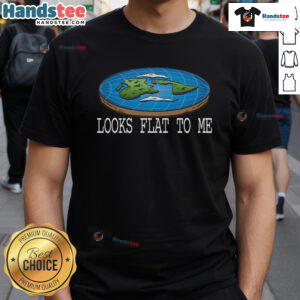 Funny Flat Earth Society T-Shirt featuring a humorous 'Looks Flat To Me' design for flat earthers and enthusiasts.