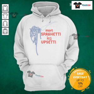 Funny 'More Spaghetti Less Upsetti' Italian pasta humor hoodie design featuring playful typography and vibrant colors.