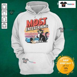 Funny retro coffee spilling cat hoodie design with a sarcastic sunset, perfect for cat lovers and humor enthusiasts.