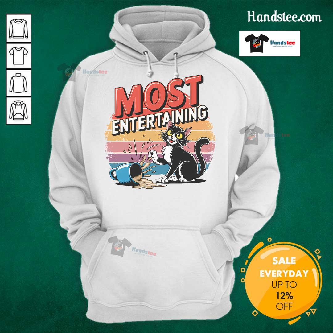 Funny retro coffee spilling cat hoodie design with a sarcastic sunset, perfect for cat lovers and humor enthusiasts.