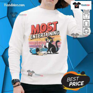 Funny retro coffee-spilling cat sweatshirt featuring a sarcastic sunset design for a playful, stylish look.
