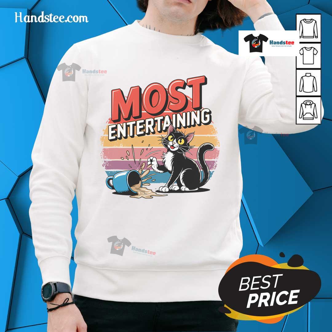 Funny retro coffee-spilling cat sweatshirt featuring a sarcastic sunset design for a playful, stylish look.