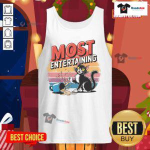 Funny retro cat spilling coffee in a sarcastic sunset tank top, perfect for entertainment and humor lovers.