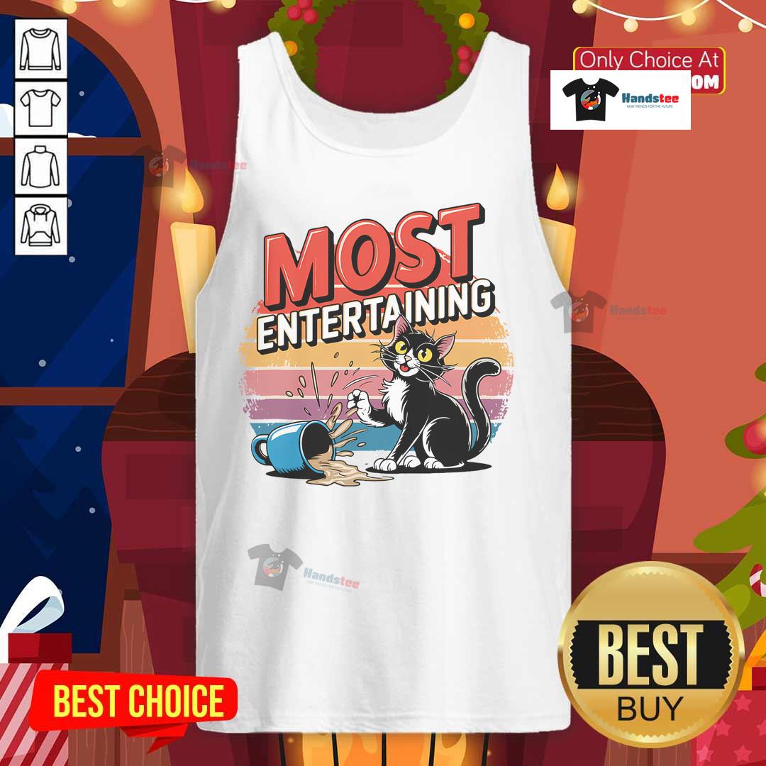 Funny retro cat spilling coffee in a sarcastic sunset tank top, perfect for entertainment and humor lovers.