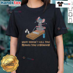 Funny mouse training mousetrap fitness workout bench press on a ladies tee, perfect for humor and gym enthusiasts.