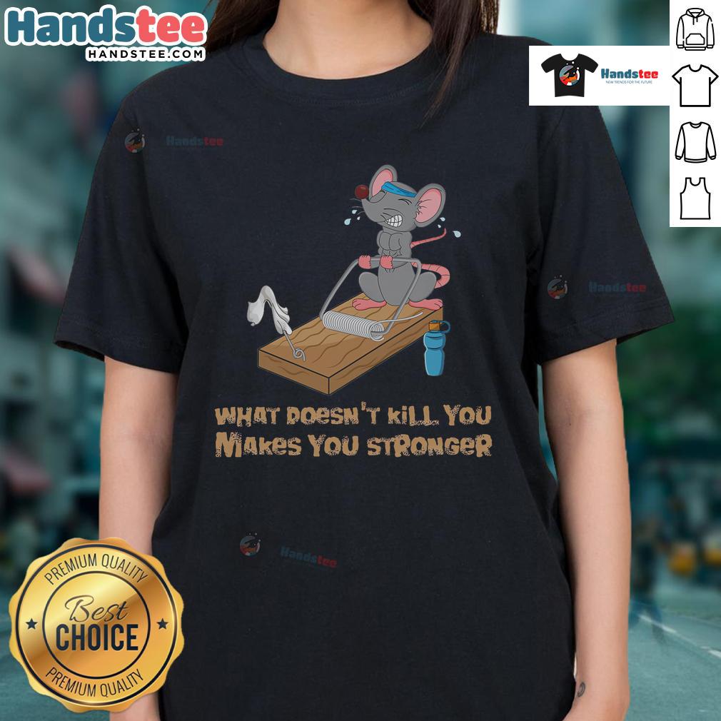 Funny mouse training mousetrap fitness workout bench press on a ladies tee, perfect for humor and gym enthusiasts.