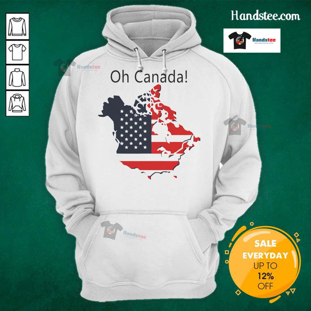 Alt Text: Funny Oh Canada Trump hoodie featuring a map of Canada as America's 51st state, perfect for humor-loving Canadians.