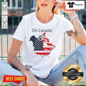 Funny Oh Canada Trump USA map tee for ladies, humorously depicting Canada as America's 51st state.