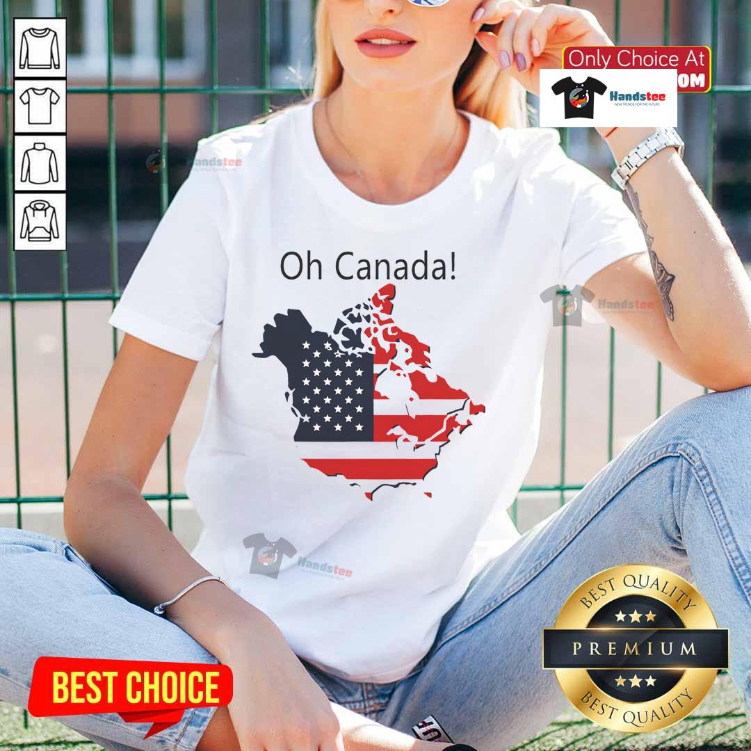 Funny Oh Canada Trump USA map tee for ladies, humorously depicting Canada as America's 51st state.