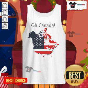 Funny 'Oh Canada' tank top featuring a map of Canada as America's 51st state, playfully depicting Trump and USA-Canada relations.