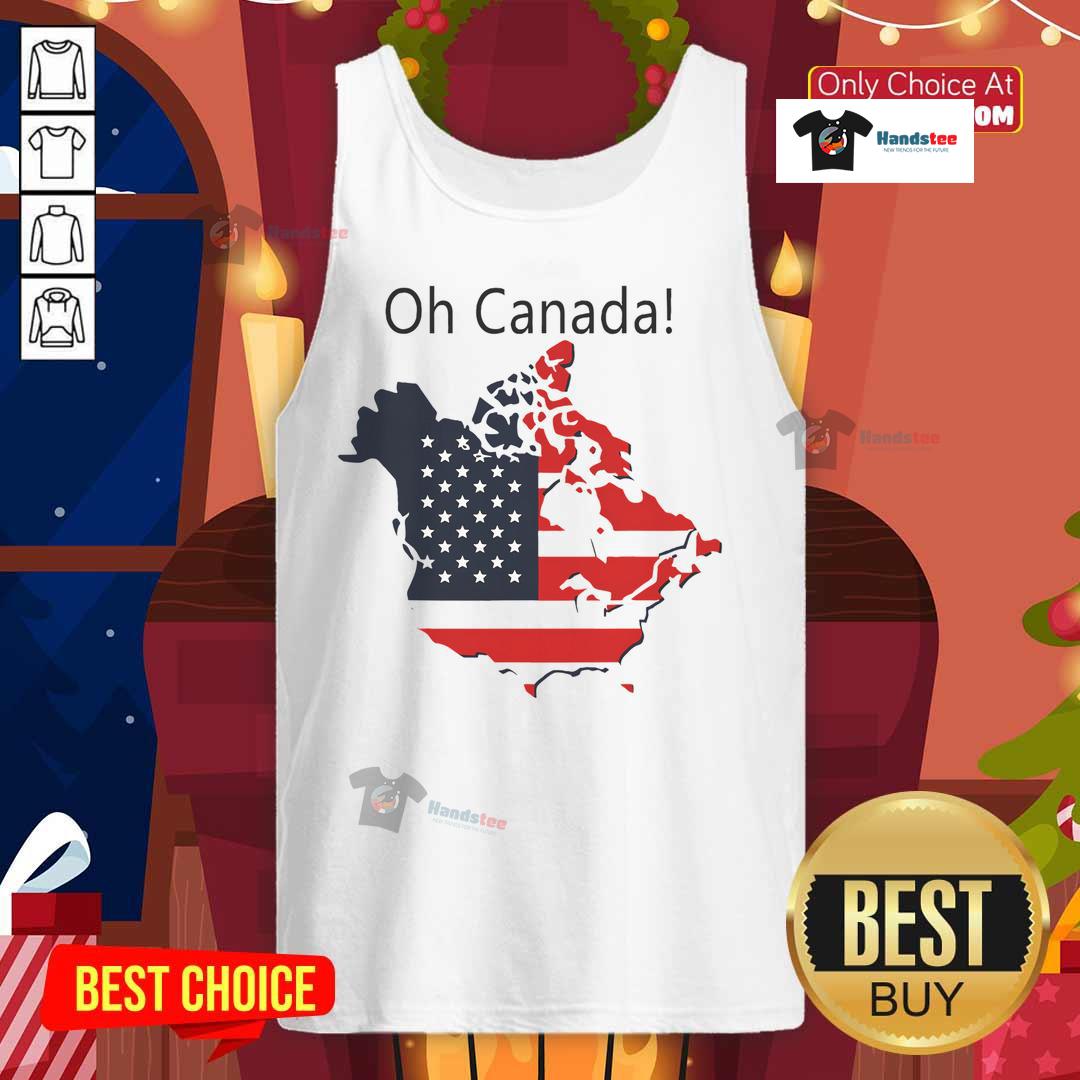 Funny 'Oh Canada' tank top featuring a map of Canada as America's 51st state, playfully depicting Trump and USA-Canada relations.
