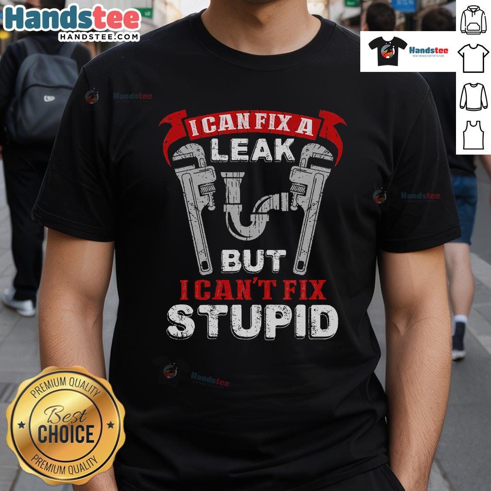 Funny plumber t-shirt featuring 'I Can Fix A Leak But I Can't Fix Stupid' slogan, perfect for plumbing humor lovers.