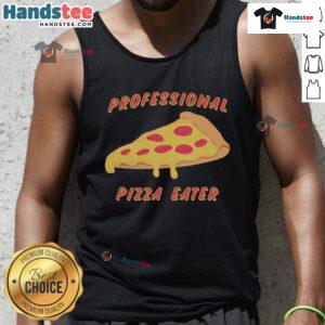 Funny professional pizza eater wearing a humorous tank top, showcasing a love for pizza and a playful personality.
