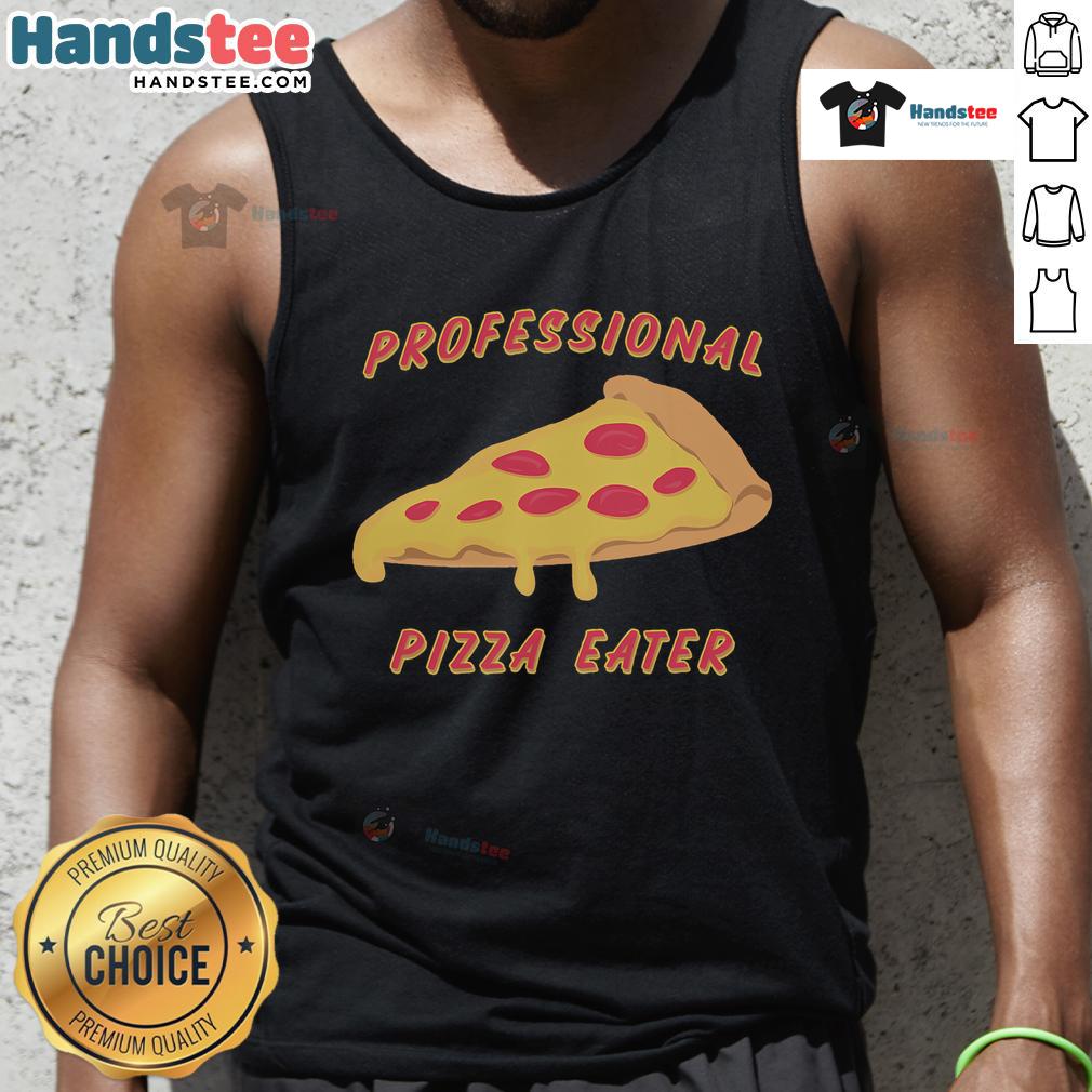 Funny professional pizza eater wearing a humorous tank top, showcasing a love for pizza and a playful personality.