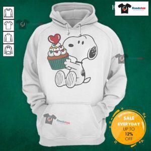 Funny Snoopy heart cupcake hoodie featuring a playful design of Snoopy with a cupcake, perfect for casual wear.