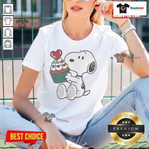 Funny Snoopy heart cupcake design on a ladies tee, perfect for casual wear and celebrating love with a playful twist.