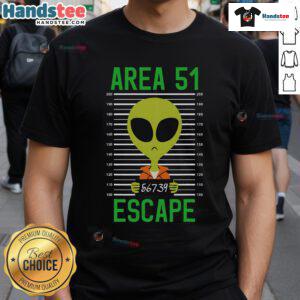 Funny Storm Area 51 alien mugshot escape t-shirt featuring a playful graphic of an alien in a jail outfit.