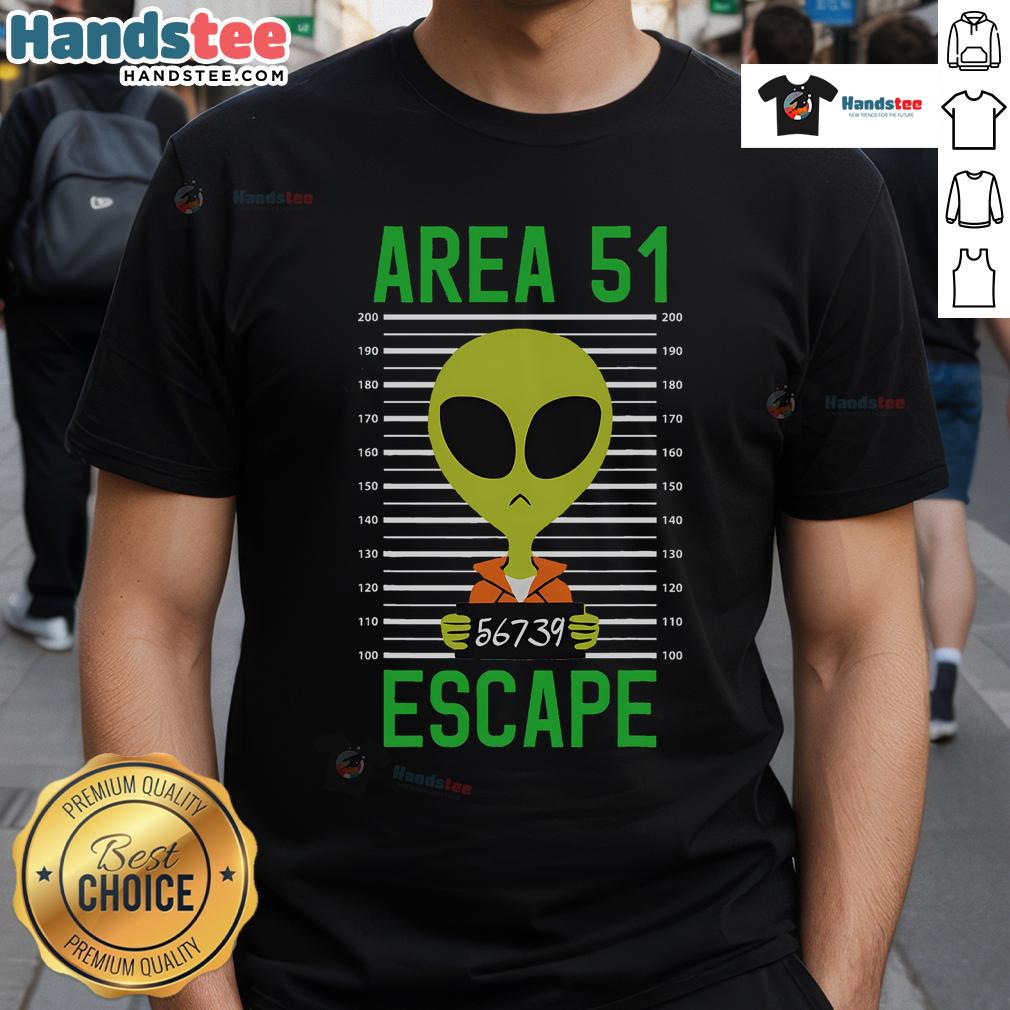 Funny Storm Area 51 alien mugshot escape t-shirt featuring a playful graphic of an alien in a jail outfit.