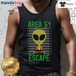 Funny Storm Area 51 alien mugshot graphic on a stylish tank top, perfect for quirky fashion and UFO enthusiasts.