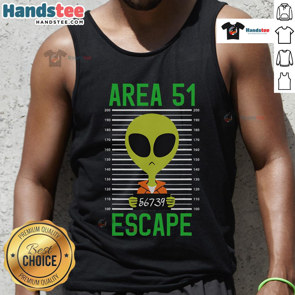 Funny Storm Area 51 alien mugshot graphic on a stylish tank top, perfect for quirky fashion and UFO enthusiasts.