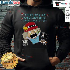 Cartoon of an old lady swallowing a fly, featured on a Funny There Was An Old Lady Who Swallowed A Fly hoodie.