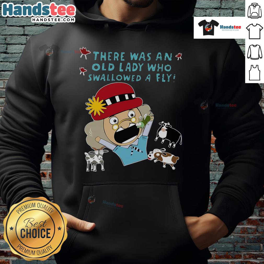 Cartoon of an old lady swallowing a fly, featured on a Funny There Was An Old Lady Who Swallowed A Fly hoodie.