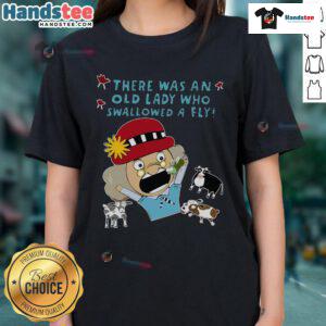 Funny cartoon of an old lady who swallowed a fly on a ladies tee, perfect for humor lovers and unique fashion.