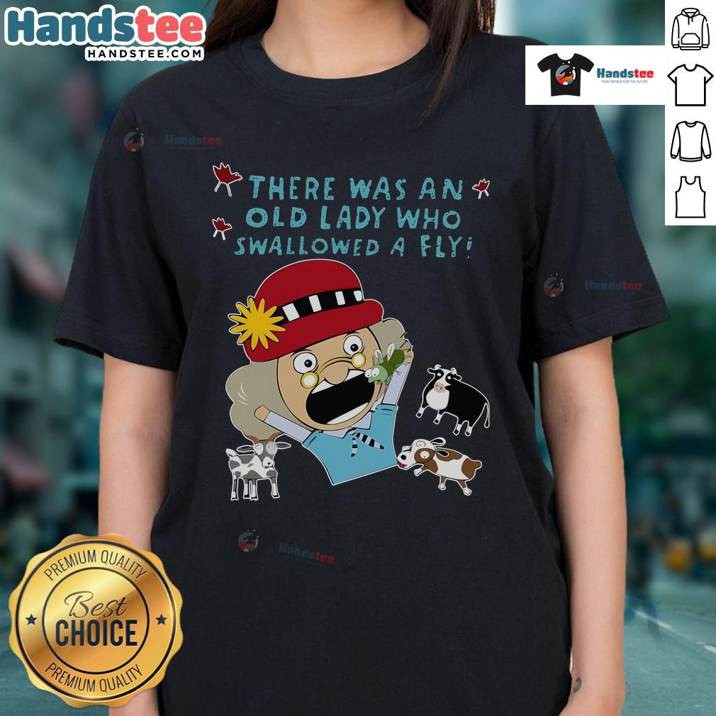 Funny cartoon of an old lady who swallowed a fly on a ladies tee, perfect for humor lovers and unique fashion.