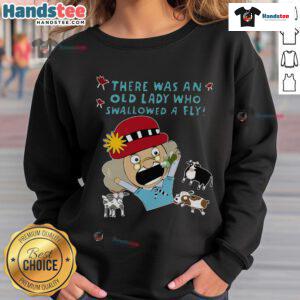 Funny cartoon of an old lady who swallowed a fly on a sweatshirt, perfect for fans of quirky and humorous apparel.