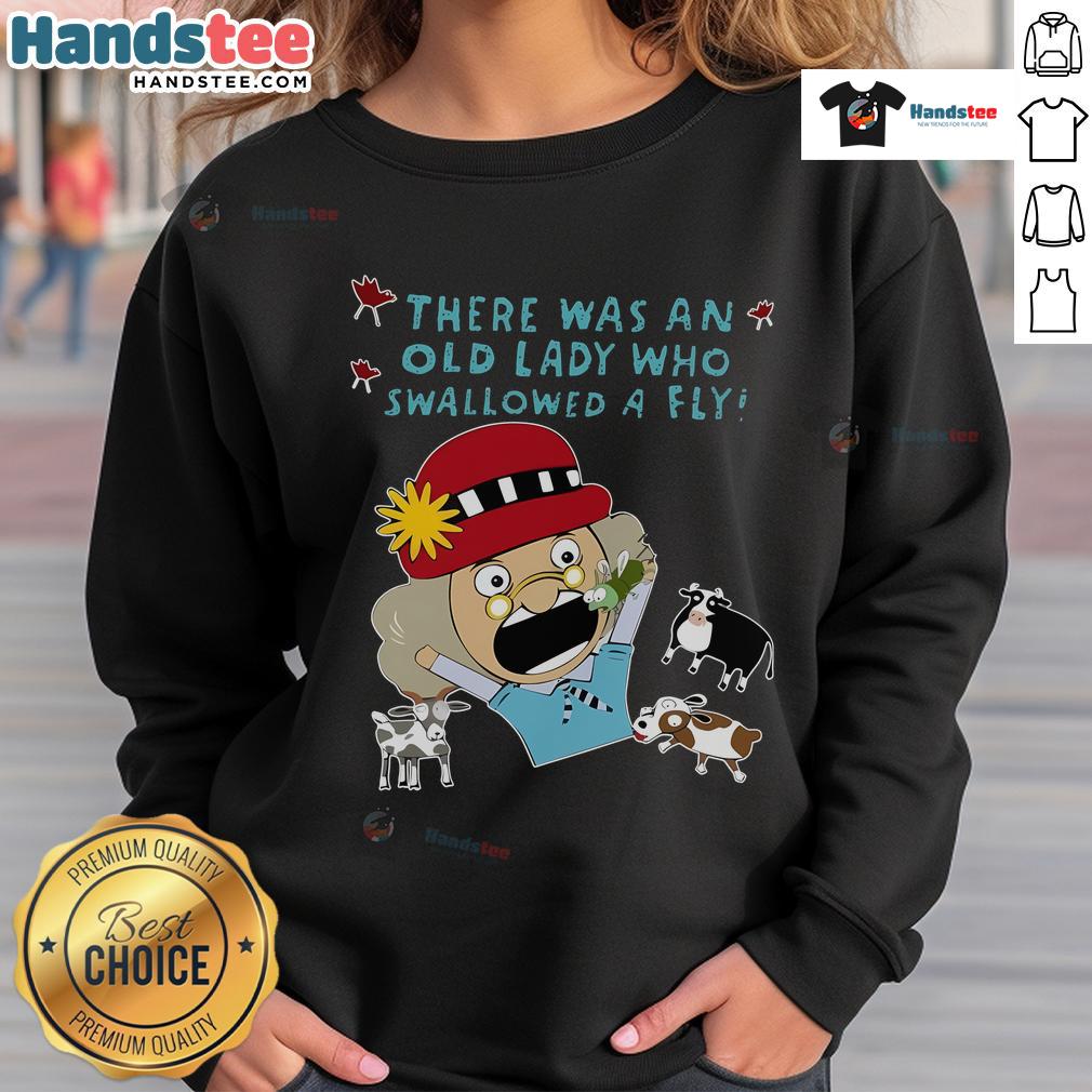 Funny cartoon of an old lady who swallowed a fly on a sweatshirt, perfect for fans of quirky and humorous apparel.