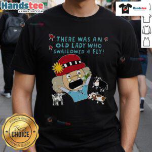 Funny cartoon T-shirt featuring an old lady who swallowed a fly, perfect for fans of whimsical children's stories.