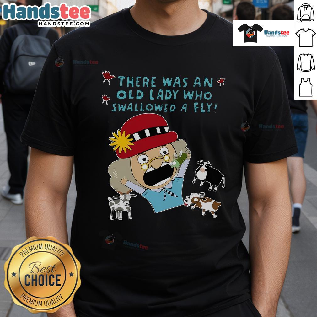 Funny cartoon T-shirt featuring an old lady who swallowed a fly, perfect for fans of whimsical children's stories.