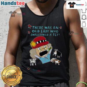 Cartoon tank top featuring a funny design of an old lady who swallowed a fly, perfect for casual wear and humor lovers.
