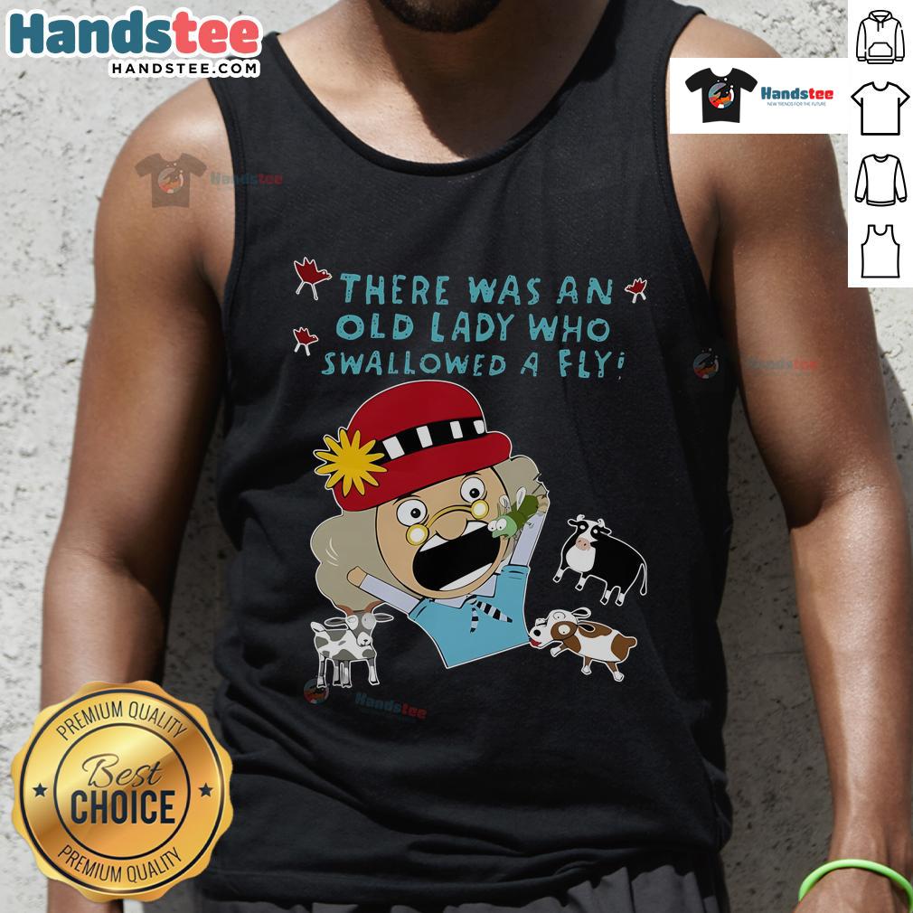 Cartoon tank top featuring a funny design of an old lady who swallowed a fly, perfect for casual wear and humor lovers.