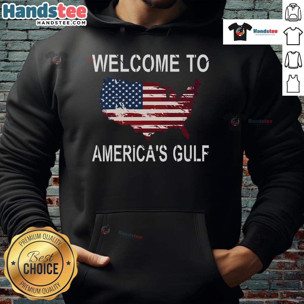 Funny Welcome to America's Gulf hoodie featuring Donald Trump, perfect for casual wear and a lighthearted statement.