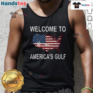 Funny Welcome to America's Gulf tank top featuring Donald Trump, perfect for beach days and patriotic events.