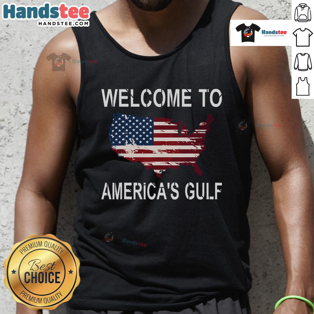 Funny Welcome to America's Gulf tank top featuring Donald Trump, perfect for beach days and patriotic events.