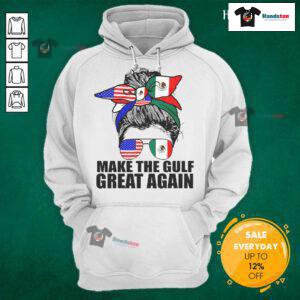 Funny Welcome to America's Gulf Mexico hoodie featuring a girl in a messy bun, showcasing playful American humor.