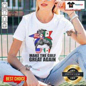 Funny Welcome to America's Gulf Mexico tee featuring a girl in a messy bun, perfect for beach lovers and Trump supporters.