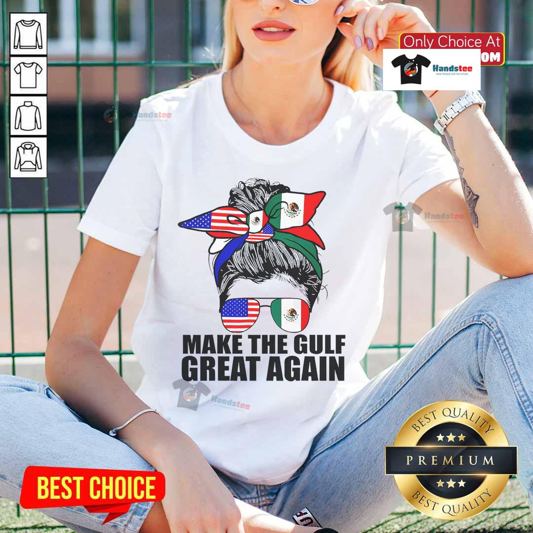 Funny Welcome to America's Gulf Mexico tee featuring a girl in a messy bun, perfect for beach lovers and Trump supporters.